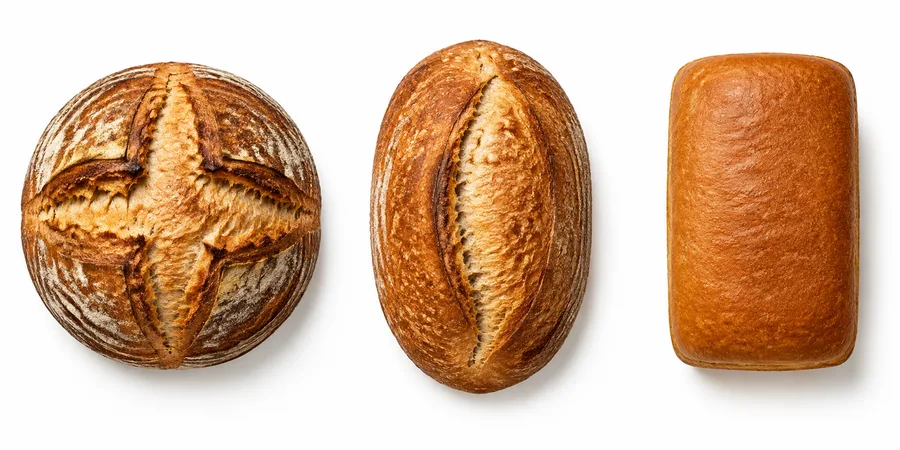 A round boule, an oval bâtard and a rectangular sandwich loaf, from left to right.